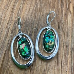 Napier Silver Tone Oval Iridescent Abalone Shell Inlay Dangle Earrings